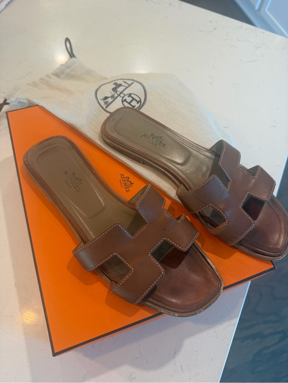 Hermes Brown Oran Leather Sandals